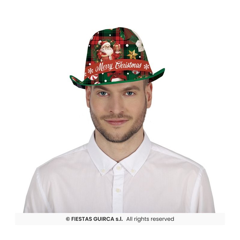 CHAPEAU DE NOEL GANGSTER VERT IMPRIME PERE NOEL BOULES  ET CANDY