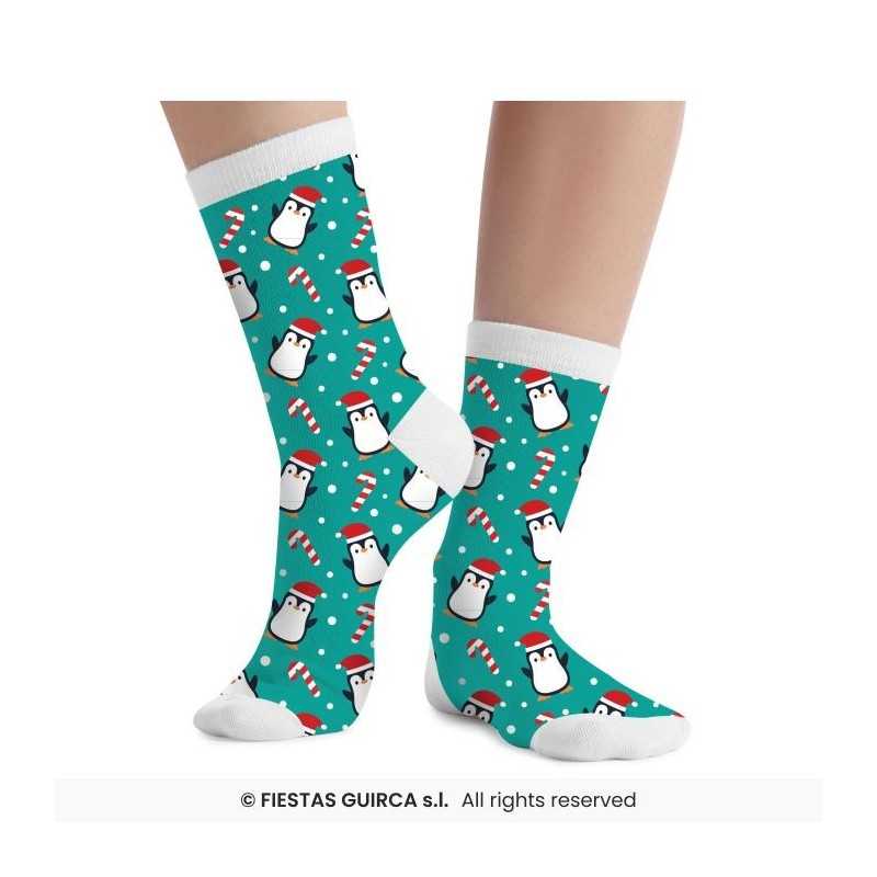 CHAUSSETTES THEME NOEL PINGOUIN SUR FOND BLEU TAILLE 37 - 41