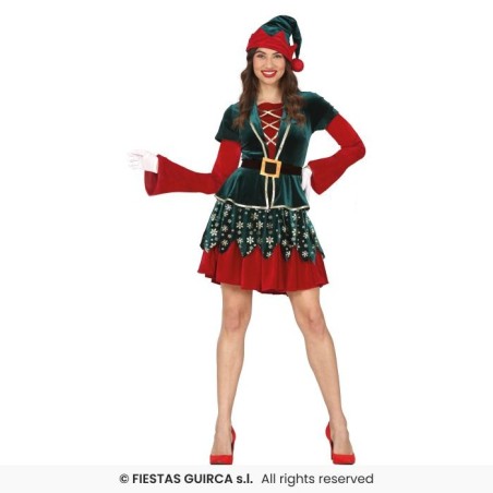 DEGUISEMENT LUTIN DE NOEL FEMME ROBE ROUGE ET VERTE FLOCONS OR TAILLE L