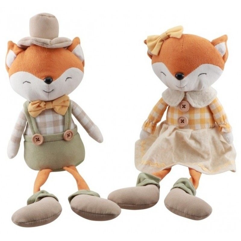 RENARD ASSIS TISSU AVEC NOEUD ET CHAPEAU 9 X 14 X 43 CM HT  RENARD ASSIS TISSU AVEC NOEUD ET CHAPEAU 9 X 14 X 43 CM HT