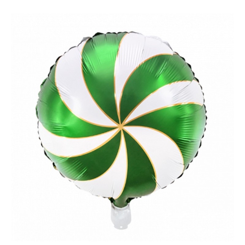 BALLON METALLIQUE ROND 35CM BONBON SUCETTE VERT BLANC ET OR