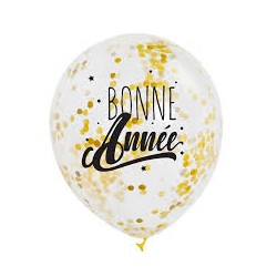 3 BALLONS TRANSPARENTS CONFETTIS OR BONNE ANNEE 