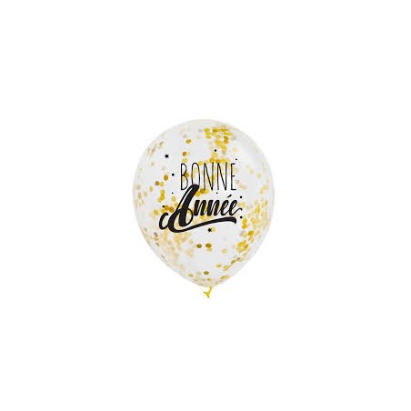 3 BALLONS TRANSPARENTS CONFETTIS OR BONNE ANNEE 