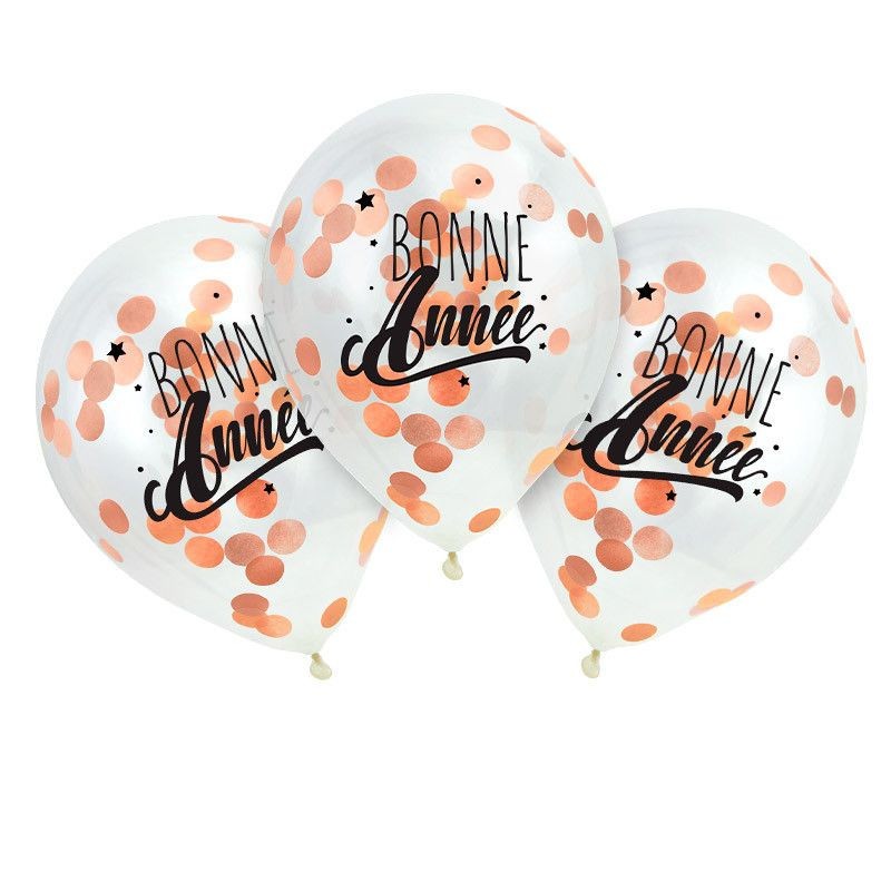 3 BALLONS TRANSPARENTS CONFETTIS ROSE GOLD BONNE ANNEE 30 CM