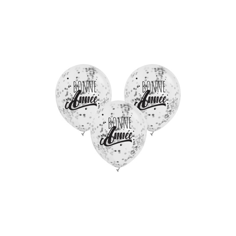 3 BALLONS TRANSPARENTS CONFETTIS ARGENT BONNE ANNEE  3 BALLONS TRANSPARENTS CONFETTIS ARGENT BONNE ANNEE