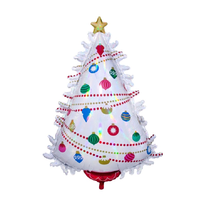 BALLON METALLIQUE SAPIN DE NOEL BLANC HOLOGRAPHIQUE  66 X 91 CM 