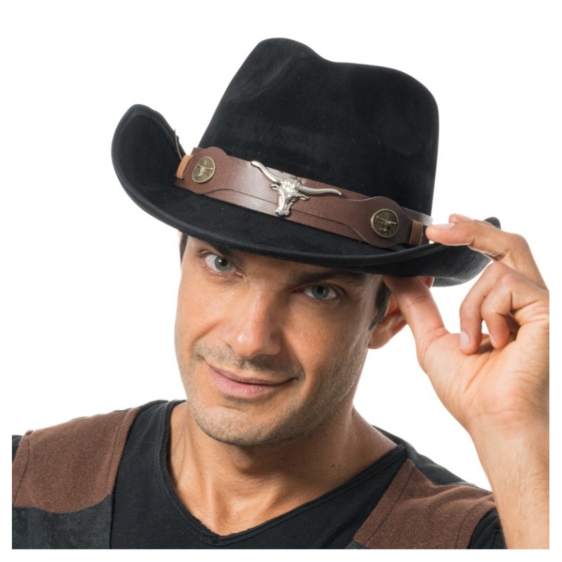 CHAPEAU DE COWBOY EFFET SUEDINE NOIR TU - avec elastique intérieur