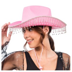 CHAPEAU DE COWBOY ROSE AVEC CHAINE DE STRASS EN PENDENTIF TOUT AUTOUR