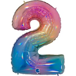 BALLON METALLIQUE CHIFFRE 2 HOLOGRAPHIQUE MULTICOLORE RAINBOW 102 CM 