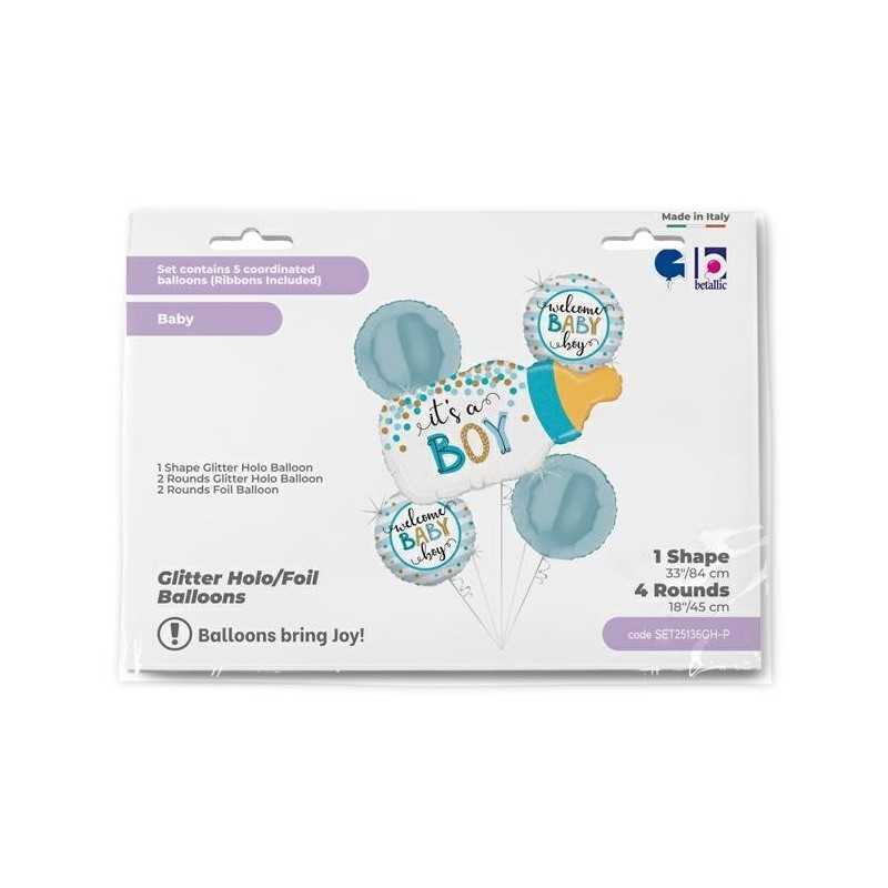BOUQUET 5 BALLONS METALLIQUES BIBERON IT'S A BOY