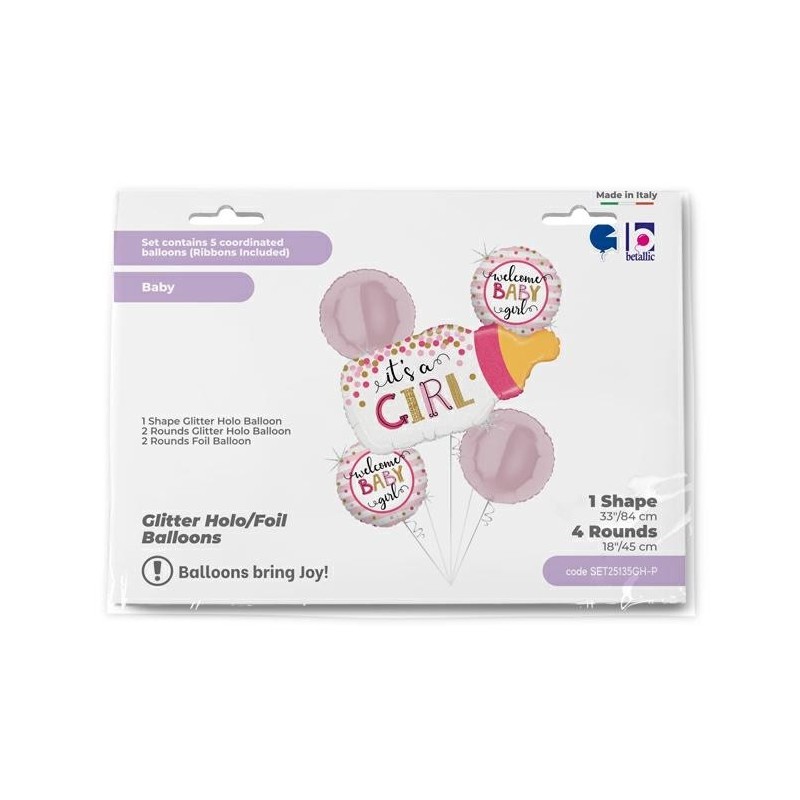 BOUQUET 5 BALLONS METALLIQUES BIBERON IT'S A GIRL  BOUQUET 5 BALLONS METALLIQUES BIBERON IT'S A GIRL