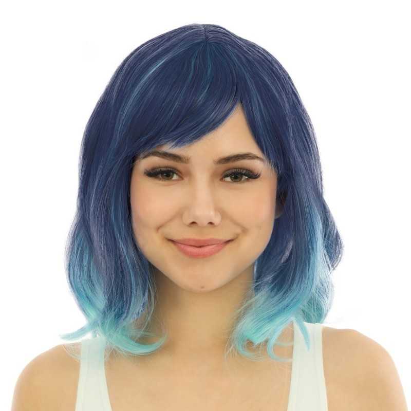 PERRUQUE CHEVEUX MI LONG BLEU DEGRADE AVEC FRANGE