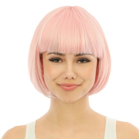 PERRUQUE CABARET CHEVEUX CARRE COURT ROSE CLAIR AVEC FRANGE