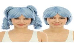 PERRUQUE CHEVEUX CARRE COURT BLEU CIEL AVEC COUETTES DETACHABLES ET FRANGE