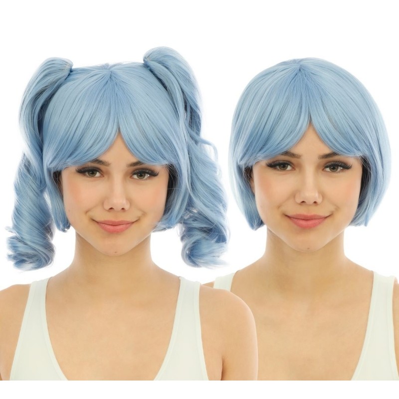 PERRUQUE CHEVEUX CARRE COURT BLEU CIEL AVEC COUETTES DETACHABLES ET FRANGE PERRUQUE CHEVEUX CARRE COURT BLEU CIEL AVEC COUETTES DETACHABLES ET FRANGE