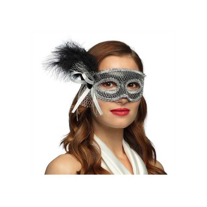 LOUP OU DEMI-MASQUE VENISE NOIR ET ARGENT PLUME NOIRE SUR LE COTE