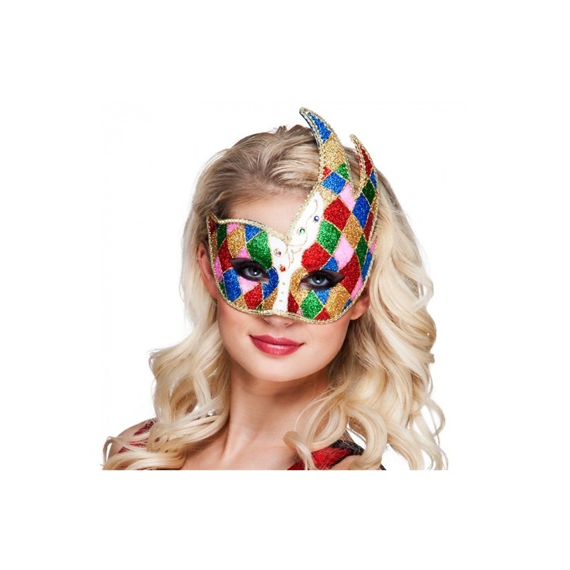 LOUP OU DEMI MASQUE ARLEQUIN ASYMETRIQUE MULTICOLORE LOUP OU DEMI MASQUE ARLEQUIN ASYMETRIQUE MULTICOLORE