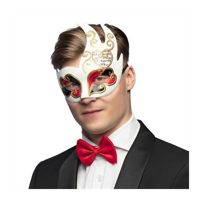 LOUP OU DEMI-MASQUE VENISE BLANC NOIR ET ROUGE NOTES DE MUSIQUE ASYMETRIQUE