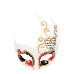 LOUP OU DEMI-MASQUE VENISE BLANC NOIR ET ROUGE NOTES DE MUSIQUE ASYMETRIQUE