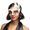 LOUP OU DEMI-MASQUE VENISE BLANC NOIR ET ROUGE NOTES DE MUSIQUE ASYMETRIQUE