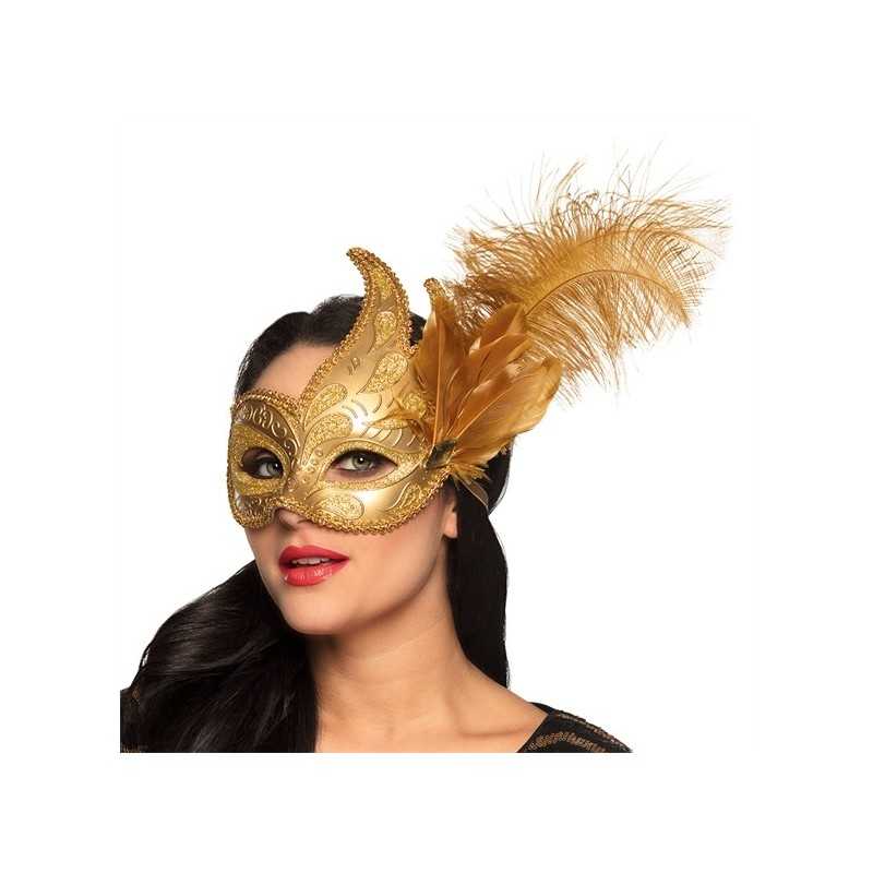 DEMI-MASQUE LOUP DORE AVEC PLUME VENISE ASSYMETRIQUE