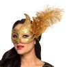 DEMI-MASQUE LOUP DORE AVEC PLUME VENISE ASSYMETRIQUE