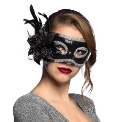 LOUP OU DEMI MASQUE VENISE SEQUINS ET PLUMES NOIR