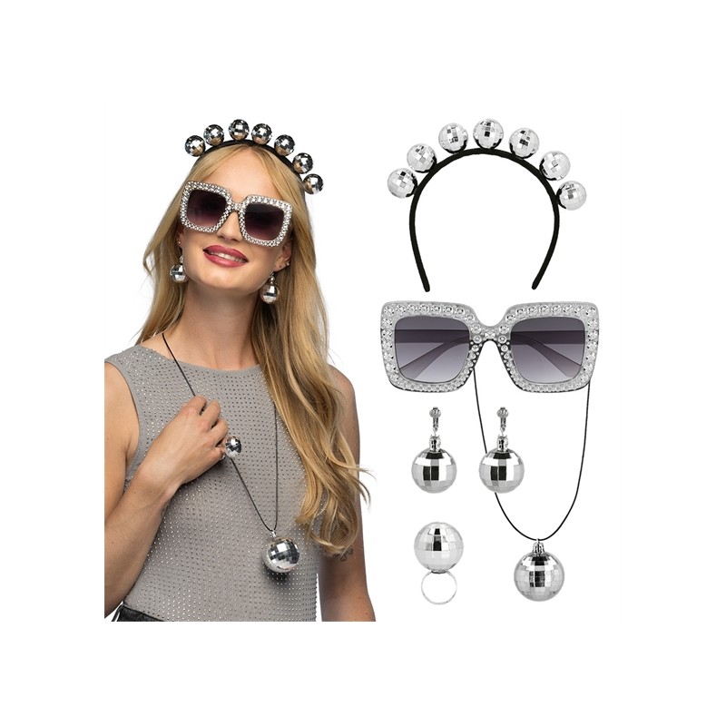 SET DISCO BOULE A FACETTE SERRE TETE LUNETTES COLLIER BAGUE ET BOUCLES OREILLES