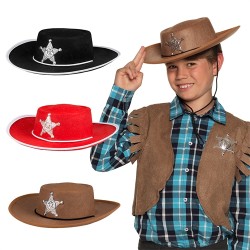 CHAPEAU COW BOY SHERIFF ENFANT COULEURS NOIR ROUGE OU MARRON