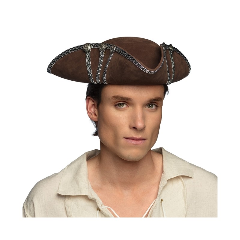 CHAPEAU TRICORNE PIRATE MARRON GALLON NOIR ET ARGENT ALISTAIR