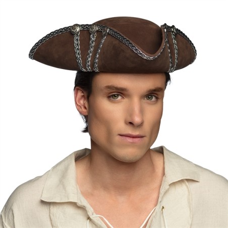 CHAPEAU TRICORNE PIRATE MARRON GALLON NOIR ET ARGENT ALISTAIR