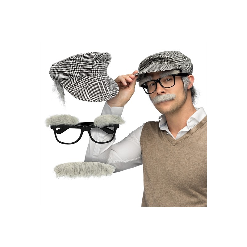 SET DE GRAND PERE CASQUETTE AVEC CHEVEUX LUNETTES SOURCILS MOUSTACHE