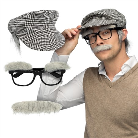 SET DE GRAND PERE CASQUETTE AVEC CHEVEUX LUNETTES SOURCILS MOUSTACHE