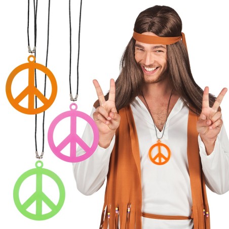 COLLIER HIPPIES PEACE AND LOVE ORANGE ROSE OU VERT