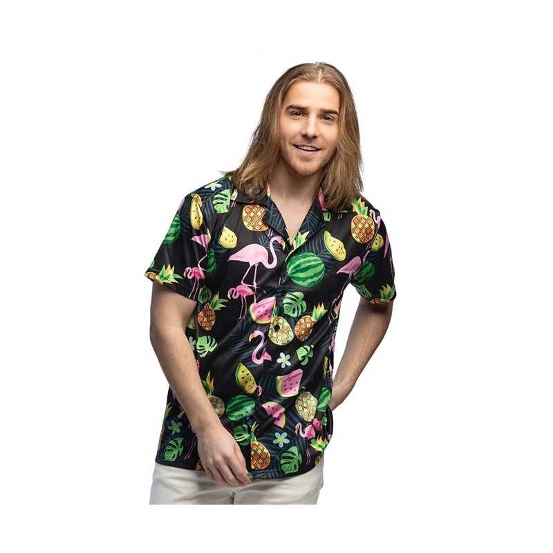CHEMISE HAWAI FLAMANT ROSE ET ANANAS SUR FOND NOIR TAILLE M