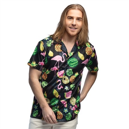 CHEMISE HAWAI FLAMANT ROSE ET ANANAS SUR FOND NOIR TAILLE M