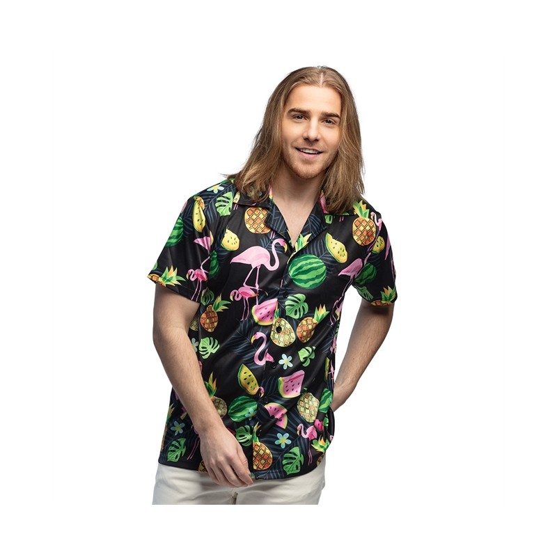 CHEMISE HAWAI FLAMANT ROSE ET ANANAS SUR FOND NOIR TAILLE L