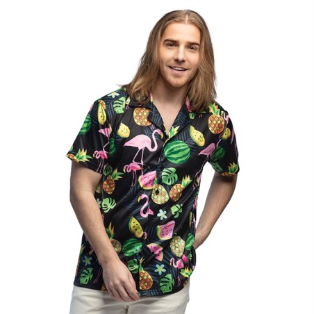 CHEMISE HAWAI FLAMANT ROSE ET ANANAS SUR FOND NOIR TAILLE L