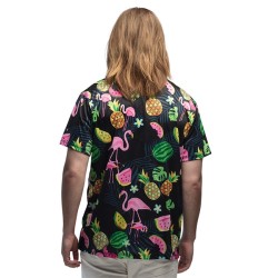 CHEMISE HAWAI FLAMANT ROSE ET ANANAS SUR FOND NOIR TAILLE L