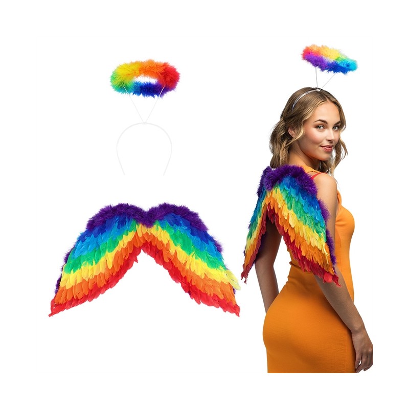 SET ANGE ARC EN CIEL MULTICOLORE AILES EN PLUMES AUREOLE