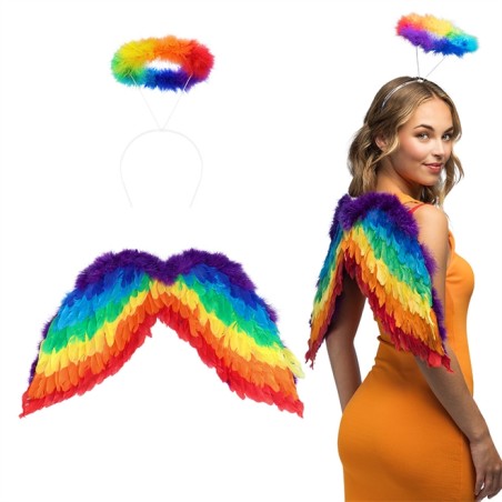 SET ANGE ARC EN CIEL MULTICOLORE AILES EN PLUMES AUREOLE