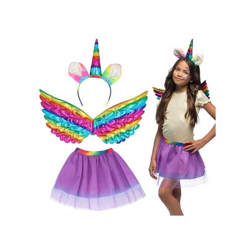 SET LICORNE MULTICOLORE ARC EN CIEL TUTU AILES ET SERRE TETE