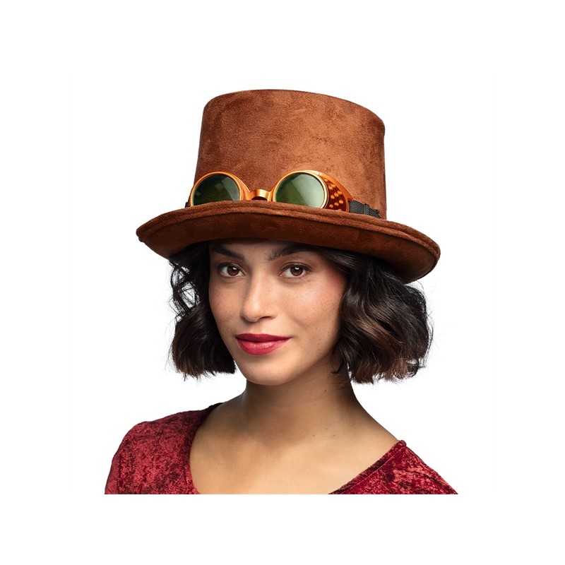 CHAPEAU HAUT DE FORME STEAMPUNK MARRON  AVEC LUNETTES STREETPUNK