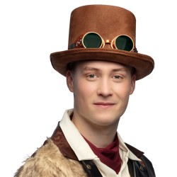 CHAPEAU HAUT DE FORME STEAMPUNK MARRON  AVEC LUNETTES STREETPUNK