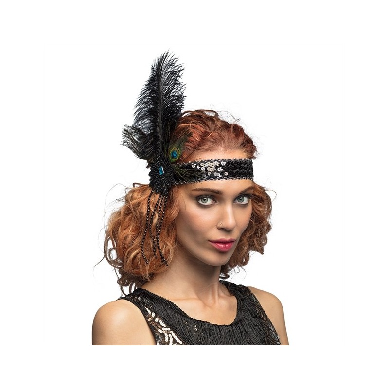 BANDEAU CHARLESTON A SEQUINS NOIR ET PLUMES DE PAON IRIS BANDEAU CHARLESTON A SEQUINS NOIR ET PLUMES DE PAON IRIS