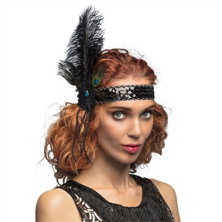BANDEAU CHARLESTON A SEQUINS NOIR ET PLUMES DE PAON IRIS