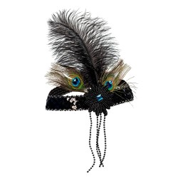 BANDEAU CHARLESTON A SEQUINS NOIR ET PLUMES DE PAON IRIS