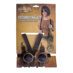 SET STEAMPUNK LUNETTES BRETELLES ET CHAINE ET MEDAILLON EN VIEL OR