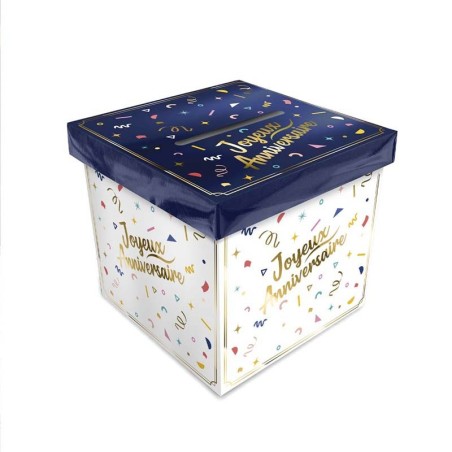 URNE ANNIVERSAIRE PARTY CONFETTIS BLEU MARINE ET BLANC AVEC CONFETTIS