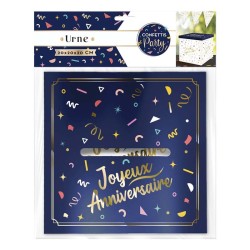 URNE ANNIVERSAIRE PARTY CONFETTIS BLEU MARINE ET BLANC AVEC CONFETTIS